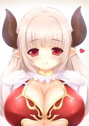 Rule 34 | 10s, 1girl, alicia (granblue fantasy), blush, breasts, center opening, cleavage, cow girl, cow horns, cross, cross earrings, draph, dress, earrings, elbow gloves, female focus, gloves, gradient background, granblue fantasy, heart, horns, huge breasts, jewelry, kane-neko, long hair, looking at viewer, pointy ears, red eyes, silver hair, simple background, smile, solo, underboob, upper body, white gloves