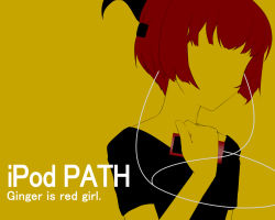 Rule 34 | 1girl, apple inc., bob cut, digital media player, earphones, faceless, faceless female, female focus, ginger (the path), hairband, ipod, ipod ad, limited palette, little red riding hood, monochrome, parody, red hair, short hair, silhouette, simple background, solo, spot color, the path, yellow background