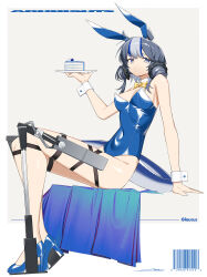 Rule 34 | 1girl, absurdres, animal ears, arknights, arm support, barcode, blue eyes, blue footwear, blue hair, blue leotard, breasts, character name, cleavage, copyright name, detached collar, double bun, fake animal ears, full body, glaucus (arknights), hair bun, high heels, highres, holding, holding plate, leotard, long legs, looking at viewer, medium breasts, multicolored hair, necktie, plate, playboy bunny, rabbit ears, signal 1120, signature, sitting, solo, strapless, strapless leotard, tail, white wrist cuffs, wrist cuffs, yellow necktie