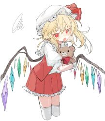 Rule 34 | 1girl, blonde hair, blush, collared shirt, cropped legs, crystal, fang, flandre scarlet, frilled skirt, frills, hat, long hair, miniskirt, mob cap, one side up, open mouth, osakanadream, red eyes, red skirt, red vest, revision, shirt, short sleeves, simple background, skin fang, skirt, solo, squiggle, stuffed animal, stuffed toy, teddy bear, thighhighs, touhou, vest, white background, white hat, white shirt, white thighhighs, wings, wrist cuffs, zettai ryouiki