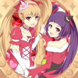 Rule 34 | 2girls, :d, asahina mirai, black headwear, blonde hair, bow, bracelet, breasts, choker, cleavage, collarbone, cure magical, cure magical (ruby style), cure miracle, cure miracle (ruby style), dress, elbow gloves, fur-trimmed dress, fur trim, gloves, hair between eyes, hair bow, hairband, hat, heart, holding hands, izayoi liko, jewelry, long hair, looking at viewer, mahou girls precure!, mini hat, multiple girls, naoto (96neko96), off-shoulder dress, off shoulder, open mouth, pink headwear, precure, purple eyes, purple hair, red bow, red choker, red dress, red eyes, red hairband, ruby style, short sleeves, small breasts, smile, twintails, very long hair, white dress, white gloves, witch hat