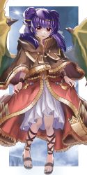 Rule 34 | 1girl, ankle lace-up, bead necklace, beads, bloom, blue sky, bracelet, brown capelet, brown coat, capelet, circlet, cloud, coat, cross-laced clothes, cross-laced footwear, cross-laced legwear, curtsey, diffraction spikes, dragon girl, dragon wings, dress, female focus, fire emblem, fire emblem: the sacred stones, fire emblem heroes, fringe trim, full body, gold trim, green wings, hair ornament, hair tie, highres, hood, jewelry, karmamissile731, long hair, looking at viewer, multi-tied hair, multicolored clothes, multicolored coat, myrrh (fire emblem), necklace, nintendo, official alternate costume, pale skin, parted lips, purple hair, red coat, red eyes, sandals, shin strap, short dress, signature, skirt hold, sky, smile, solo, standing, sun, toeless footwear, toes, twintails, veil, white dress, wings, wristband, yellow wings