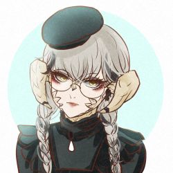 Rule 34 | 1girl, akira-tama, au ra, warrior of light (ff14), beret, braid, dragon horns, final fantasy, final fantasy xiv, glasses, grey hair, hat, highres, horns, long hair, looking at viewer, makeup, portrait, scales, simple background, solo, twin braids, yellow eyes
