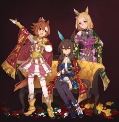 Rule 34 | 3girls, admire vega (umamusume), animal ears, armor, asymmetrical footwear, bikini, black pantyhose, blonde hair, boots, bow, bowtie, breasts, brown hair, closed mouth, corset, couch, crown, fingerless gloves, flower, full body, gloves, hand on own hip, hand on own chest, high heel boots, high heels, highres, horse ears, horse girl, horse tail, jacket, jewelry, long hair, long sleeves, medium breasts, mini crown, mismatched footwear, multiple girls, nanaheibei 3, narita top road (umamusume), necktie, off-shoulder bikini, off shoulder, open mouth, orange eyes, outstretched arm, pantyhose, purple eyes, purple jacket, ring, shirt, short hair, shoulder armor, sitting, small breasts, smile, standing, swimsuit, t.m. opera o (umamusume), tail, thighhighs, two-tone skirt, umamusume, white gloves, white necktie, white shirt, white thighhighs