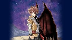 Rule 34 | 1boy, belt, clenched hand, closed mouth, demon wings, dragon boy, dragon horns, fairy tail, half-human, highres, horns, male focus, mashima hiro, natsu dragneel, night, night sky, red belt, red eyes, red hair, scales, scarf, serious, shoulder tattoo, single wing, sky, solo, spiked hair, standing, star (sky), starry sky, striped, striped scarf, tattoo, white scarf, wings