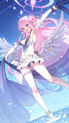 Rule 34 | 1girl, angel wings, armpits, bikini, blue archive, blush, breasts, cleavage, crescent, crescent pin, day, feathered wings, hair bun, halo, highres, large breasts, long hair, looking at viewer, mika (blue archive), open mouth, outdoors, pink hair, pink halo, sandals, single side bun, smile, solo, swimsuit, toes, twitter username, water, white bikini, white wings, wings, yellow eyes, yellowpaint.