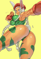 Rule 34 | 1girl, animal ears, ass, boku no hero academia, braid, cameltoe, cammy white, cammy white (cosplay), capcom, cleft of venus, cosplay, elbow gloves, fingerless gloves, gloves, green leotard, hair ornament, hairclip, highres, leotard, military, military uniform, mirko, muscular, muscular female, rabbit ears, red eyes, shosho oekaki, simple background, solo, street fighter, twin braids, twintails, uniform, white hair, yellow background