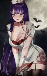 Rule 34 | 1girl, absurdres, akuma nihmune, black garter straps, black sky, black thighhighs, blood, blood on clothes, blood on face, bloody knife, bloody weapon, blush, bra, breasts, choker, cleavage, collar, commentary, demon horns, english commentary, facial tattoo, fangs, garter straps, gloves, halloween, halloween costume, heart, heart choker, heart tattoo, highres, holding, holding knife, holding weapon, horns, indie virtual youtuber, knife, large breasts, long hair, looking at viewer, lulanoon, mole, mole under eye, moon, nurse, open mouth, purple hair, red bra, red choker, red eyes, sky, tattoo, thighhighs, underwear, virtual youtuber, weapon, white gloves, white headwear