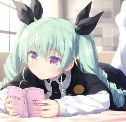 Rule 34 | 10s, 1girl, anchovy (girls und panzer), anzio school uniform, black necktie, blurry, book, cape, closed mouth, colored eyelashes, depth of field, drill hair, eyebrows, girls und panzer, goribote, green hair, hair between eyes, hair ribbon, holding, holding book, indoors, long hair, long sleeves, necktie, open book, pantyhose, reading, red eyes, revision, ribbon, school uniform, shirt, smile, solo, twin drills, twintails, white hair, white shirt, window