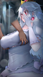 Rule 34 | 1girl, grabbing another&#039;s breast, breasts, clothing cutout, covering face, crown, disembodied limb, embarrassed, ghost, gloves, grabbing, highres, kashu (hizake), large breasts, long hair, mario (series), nintendo, princess king boo, red eyes, solo, sweat, underboob cutout, white hair