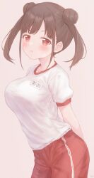 Rule 34 | :i, :o, blush, breasts, brown hair, double bun, gameso, gym shirt, gym uniform, hair bun, highres, idolmaster, idolmaster shiny colors, large breasts, looking at viewer, name tag, pants, pout, red eyes, red pants, shirt, short sleeves, simple background, sonoda chiyoko, sweatdrop, twintails, white shirt
