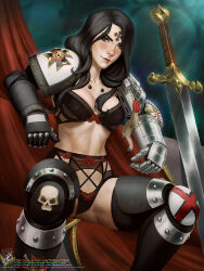 Rule 34 | 1girl, adeptus astartes, armor, armored boots, artist name, black bra, black hair, black panties, blue eyes, boots, bra, chair, closed mouth, death watch, forehead tattoo, gauntlets, highres, lingerie, lips, muscular, muscular female, navel, panties, pauldrons, power armor, scar, scar on stomach, shoulder armor, sitting, skull ornament, smile, solo, space marine, stomach, sword, tattoo, themaestronoob, underwear, warhammer 40k, watermark, wax seal, weapon, web address