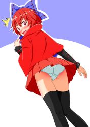 Rule 34 | 1girl, aospanking, ass, black footwear, blush, bow, cape, hair bow, looking at viewer, open mouth, panties, red cape, red eyes, red hair, red skirt, sekibanki, skirt, solo, spanked, surprised, tears, thighhighs, touhou, underwear, upskirt, white panties