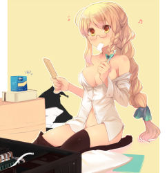 Rule 34 | 1girl, ahoge, alternate hair length, alternate hairstyle, bare shoulders, bespectacled, black thighhighs, blonde hair, blush, bottomless, bow, braid, breasts, cleavage, collarbone, computer, dress shirt, female focus, glasses, hair bow, hat, unworn hat, unworn headwear, kirisame marisa, large breasts, long hair, mouth hold, musical note, naked shirt, navel, no bra, off shoulder, shin (new), shirt, smile, solo, thighhighs, touhou, very long hair, witch hat, yellow eyes