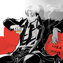 Rule 34 | 1boy, amachu a, blood, blood on clothes, chainsaw man, cigarette, coat, commentary request, couch, cup, earrings, facial hair, facial scar, formal, glass, goatee, greyscale, highres, holding, holding cigarette, holding cup, jewelry, kishibe (chainsaw man), male focus, mature female, monochrome, multiple earrings, necktie, scar, scar on cheek, scar on face, sitting, smoke, solo, spot color, suit