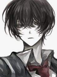 Rule 34 | 1boy, black coat, black eyes, black hair, coat, collared shirt, highres, limbus company, looking to the side, luull, necktie, parted lips, portrait, project moon, red necktie, shirt, simple background, solo, white background, white shirt, yi sang (project moon)