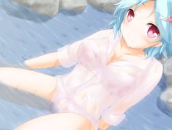 Rule 34 | 1girl, blue hair, bra, chro, dress shirt, hair ornament, hairclip, no pants, original, panties, partially submerged, pink eyes, rock, see-through, shirt, short hair, sitting, sleeves rolled up, smile, solo, underwear, water, wet, wet clothes, white bra, white panties