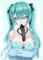 Rule 34 | 1girl, aqua bra, aqua eyes, aqua nails, bare shoulders, black bow, bow, bra, breasts, cleavage, collarbone, commentary request, grey background, hair bow, hatsune miku, highres, long hair, looking at viewer, mouth hold, nail polish, necktie, necktie in mouth, off shoulder, ompf, pink bow, simple background, sleeves past wrists, solo, twintails, underwear, upper body, vocaloid