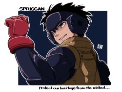 Rule 34 | 1boy, black hair, black jacket, blue background, brown eyes, commentary request, copyright name, cropped torso, english text, gloves, hair between eyes, hand up, jacket, looking away, male focus, mawaru (mawaru), ominae yuu, parted lips, red gloves, solo, spriggan (manga), two-tone background, upper body, white background