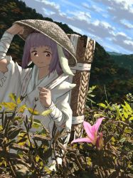 Rule 34 | 1girl, absurdres, alternate hairstyle, animal ears, arm wrap, closed mouth, commentary request, day, field, floppy ears, flower, folded hair, forbidden scrollery, forest, hat, highres, japanese clothes, kajatony, kimono, lily (flower), looking to the side, medicine seller, medium hair, mountain, nature, outdoors, pink flower, purple hair, rabbit ears, red eyes, reisen udongein inaba, rice hat, smile, solo, touhou, tree, upper body, white kimono