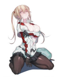 Rule 34 | 10s, 1girl, black gloves, black pantyhose, blonde hair, blue eyes, breast hold, breasts, breasts out, capelet, celtic knot, full body, gloves, graf zeppelin (kancolle), hair between eyes, hat, kantai collection, large breasts, long hair, miniskirt, nipples, one eye closed, pantyhose, pleated skirt, simple background, skirt, solo, twintails, uniform, zuizi