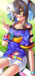 Rule 34 | 1girl, animal ears, blue hair, blue shirt, blurry, blush, brown hair, clothing cutout, collarbone, commentary request, confetti, daitaku helios (umamusume), depth of field, ear covers, fang, fang out, from below, groin, highres, horse ears, horse girl, horse tail, jewelry, long hair, looking at viewer, midriff, multicolored hair, navel, necklace, off shoulder, one eye closed, open mouth, outdoors, shirt, short sleeves, shorts, shumai il, skin fang, smile, solo, standing, tail, tied shirt, two-tone hair, umamusume, v, wristband