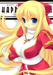 Rule 34 | 1girl, blonde hair, blue eyes, blush, bow, braid, breasts, cross, covered erect nipples, hair bow, high priest (ragnarok online), holding, jewelry, kinoshita ichi, large breasts, long hair, looking at viewer, necklace, parted lips, ragnarok online, solo, staff, uniform, very long hair
