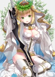 Rule 34 | 10s, 1girl, aestus estus, ahoge, blonde hair, breasts, chain, cleavage, fate/extra, fate/extra ccc, fate (series), gloves, green eyes, highres, jimmy madomagi, laurel crown, lock, looking at viewer, medium breasts, nero claudius (bride) (fate), nero claudius (bride) (third ascension) (fate), nero claudius (fate), nero claudius (fate) (all), open mouth, padlock, short hair, smile, solo, sword, thighhighs, veil, weapon, white gloves, white thighhighs