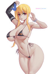 Rule 34 | 1girl, :o, absurdres, arms up, bikini, black bikini, blonde hair, bow, breasts, brown eyes, collarbone, curvy, fairy tail, groin, hair bow, highres, large breasts, looking at viewer, lucy heartfilia, melowh, micro bikini, navel, open mouth, patreon username, pornhub, scrunchie, side ponytail, simple background, single sleeve, solo, stomach, strap gap, swimsuit, wide hips, wrist scrunchie