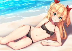 Rule 34 | &gt;:), 1girl, admiral hipper (azur lane), azur lane, beach, bikini, black bikini, blonde hair, bow, commentary request, day, flat chest, front-tie bikini top, front-tie top, green eyes, hair bow, long hair, looking at viewer, lying, navel, on side, outdoors, pensuke, smile, solo, swimsuit, two side up