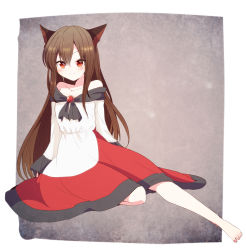Rule 34 | 1girl, animal ears, aoi (annbi), barefoot, blush, brooch, brown hair, commentary request, dress, feet, highres, imaizumi kagerou, jewelry, long hair, long sleeves, looking at viewer, red eyes, simple background, smile, solo, touhou, wolf ears
