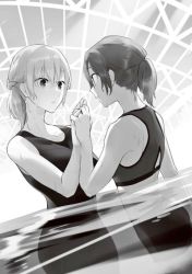 Rule 34 | 2girls, :o, bare arms, bare shoulders, braid, breasts, collarbone, dripping, edamoto haru, eye contact, eyebrows, female focus, hair between eyes, holding hands, interlocked fingers, long hair, looking at another, monochrome, multiple girls, nakatani nio, neck, official art, pale skin, ponytail, pool, profile, saeki sayaka, school swimsuit, sidelocks, sleeveless, spoilers, standing, surprised, swimming, swimsuit, talking, two-piece swimsuit, water, wet, wet clothes, wet hair, wet swimsuit, yagate kimi ni naru, yagate kimi ni naru: saeki sayaka ni tsuite, yuri
