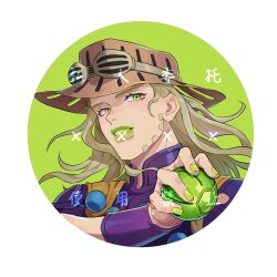 Rule 34 | 1boy, absurdres, ball, beard, clenched teeth, cowboy hat, facial hair, goggles, goggles on headwear, gold teeth, green eyes, green lips, green nails, gyro zeppeli, hat, highres, holding, holding ball, honlo, jojo no kimyou na bouken, lipstick, looking at viewer, makeup, male focus, portrait, smile, solo, steel ball run, teeth