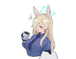 Rule 34 | 1girl, animal ear fluff, black gloves, blonde hair, blue archive, blue eyes, blue necktie, blue shirt, blush, breasts, coffee, collared shirt, cropped torso, cup, extra ears, gloves, hair over one eye, halo, highres, holding, holding cup, holding paper, kanna (blue archive), long hair, long sleeves, looking at viewer, medium breasts, necktie, notched ear, open mouth, paper, raised eyebrows, reaching, reaching towards viewer, sharp teeth, shirt, sidelocks, simple background, solo, squiggle, suecovsky, teeth, upper body, white background