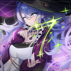 Rule 34 | 1girl, artist request, choker, coat, dress, earrings, highres, jewelry, lock, long hair, long sleeves, looking at viewer, magic, necklace, phase connect, purple eyes, purple hair, shisui michiru (phaseconnect), sky, solo, star (sky), star (symbol), star earrings, starry sky, virtual youtuber, witch