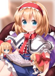 Rule 34 | 3girls, alice margatroid, apron, back bow, blonde hair, blouse, blue dress, blue eyes, book, bow, bowtie, collared shirt, doll, dress, frilled dress, frills, hair bow, hairband, highres, hourai doll, lolita hairband, long hair, maid, multiple girls, one-hour drawing challenge, puffy short sleeves, puffy sleeves, red bow, red bowtie, red hairband, ruu (tksymkw), shanghai doll, shirt, short hair, short sleeves, touhou, very long hair, waist apron, white apron, white shirt