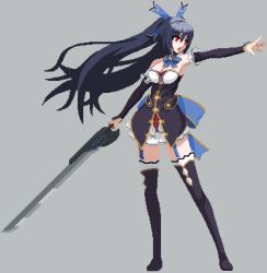 Rule 34 | 10s, 1girl, bare shoulders, black hair, breasts, hair ornament, long hair, looking to the side, lowres, neptune (series), noire (neptunia), pixel art, red eyes, ribbon, solo, thighhighs, twintails