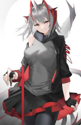 Rule 34 | &gt;:), 1girl, absurdres, arknights, black gloves, black jacket, black pantyhose, black skirt, breasts, brown eyes, bullet, closed mouth, fingerless gloves, fishnet pantyhose, fishnets, gloves, grey background, grey hair, grey shirt, highres, holding, jacket, long sleeves, looking at viewer, medium breasts, off shoulder, open clothes, open jacket, pantyhose, pleated skirt, puffy long sleeves, puffy sleeves, raitho, red hair, shirt, skirt, sleeveless, sleeveless shirt, smile, solo, two-tone background, v-shaped eyebrows, w (arknights), white background