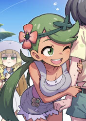 Rule 34 | 3girls, :t, ;d, blonde hair, blush, braid, closed mouth, commentary request, creatures (company), day, dress, eyelashes, flower, flying sweatdrops, game freak, green eyes, green hair, grey overalls, hair flower, hair ornament, hat, heebee, jealous, leaning forward, lillie (pokemon), long hair, mallow (pokemon), multiple girls, nintendo, one eye closed, open mouth, outdoors, overall shorts, overalls, pink flower, pink shirt, pokemon, pokemon sm, pout, selene (pokemon), shirt, sky, sleeveless, sleeveless dress, smile, swept bangs, teeth, tongue, twin braids, twintails, upper teeth only, white headwear