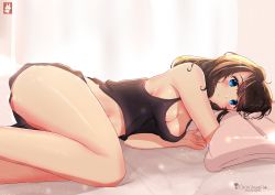 Rule 34 | 1girl, artist name, bad id, bad pixiv id, black camisole, black shorts, blue eyes, blush, breasts, brown hair, camisole, chinchongcha, cleavage, closed mouth, highres, light particles, long hair, looking at viewer, lying, medium breasts, midriff, on bed, on side, original, pillow, shorts, sidelocks, solo, thighs