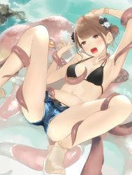 Rule 34 | 1girl, ama mitsuki, anklet, arm up, armpits, bikini, bikini under clothes, black bikini, black flower, blush, bracelet, breasts, brown eyes, brown footwear, brown hair, commentary request, denim, denim shorts, flower, hair bun, hair flower, hair ornament, halterneck, hand up, highres, jewelry, knees up, medium breasts, midriff, navel, necklace, octopus, open fly, open mouth, original, outdoors, paid reward available, restrained, short shorts, shorts, single hair bun, spread legs, swimsuit, tentacles, thighs, toeless footwear, water, white flower