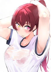 Rule 34 | absurdres, adjusting hair, armpits, bra visible through clothes, gym uniform, hair lift, hair tie in mouth, hands in hair, heterochromia, highres, holding, holding own hair, hololive, houshou marine, long hair, mouth hold, ponytail, r10c, red hair, see-through, shirt, virtual youtuber, wet, wet clothes, wet shirt