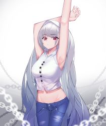 Rule 34 | 1girl, absurdres, armpits, azur lane, blouse, breasts, chain, denim, formidable (azur lane), gradient background, grey background, hands up, highres, jeans, long hair, looking at viewer, lordol, medium breasts, navel, pants, red eyes, shirt, silver hair, sleeveless, sleeveless shirt, solo, very long hair, white background, white shirt