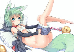 Rule 34 | 1girl, animal ears, ass, bare shoulders, barefoot, bell, blue eyes, breasts, clothes pull, collar, detached sleeves, fox ears, fox tail, green hair, jingle bell, legs up, looking at viewer, lying, on back, original, panties, panty pull, rope, sarashi, shorts, shorts pull, simple background, small breasts, solo, tail, underwear, white background, yukishiro arte