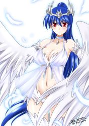 Rule 34 | 1girl, bare shoulders, blue hair, blush, breasts, cleavage, copyright request, harpy, highres, large breasts, long hair, looking at viewer, monster girl, navel, ponytail, red eyes, solo, the-sinnerz, tiara