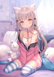 Rule 34 | 1girl, animal ears, bare shoulders, between legs, bow, brown eyes, camisole, cat ears, cat girl, cat tail, collarbone, grey hair, hair bow, hair ornament, hairclip, highres, jacket, long hair, long sleeves, looking at viewer, mouth hold, off shoulder, original, pillow, pink jacket, pink ribbon, ribbon, rk (rktorinegi), sitting, solo, spaghetti strap, strap slip, striped clothes, striped thighhighs, stuffed animal, stuffed toy, tail, teddy bear, thighhighs