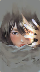 1girl black_hair bob_cut brown_eyes closed_mouth grey_scarf hair_between_eyes hand_over_eye hand_up highres light_rays looking_at_viewer original portrait red_lips scarf solo upper_body wataboku