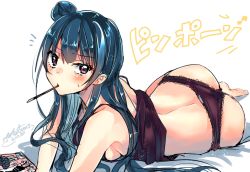 Rule 34 | 10s, 1girl, artist name, ass, bare shoulders, blue hair, blush, breasts, food, frilled panties, frills, full body, hair bun, highres, long hair, looking at viewer, love live!, love live! sunshine!!, lying, mouth hold, on side, panties, pocky, purple eyes, shinonome neko-tarou, sideboob, simple background, single hair bun, sketch, solo, sweat, tank top, translation request, tsushima yoshiko, underwear, white background