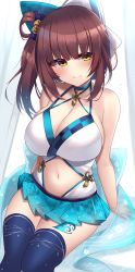 Rule 34 | 1girl, absurdres, blush, breasts, brown hair, character request, cleavage, cowboy shot, highres, indie virtual youtuber, kutan, large breasts, looking at viewer, short hair, smile, solo, swimsuit, tattoo, thighhighs, virtual youtuber, yellow eyes