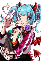 Rule 34 | 1girl, bad id, bad twitter id, belt, black skirt, blue eyes, blue hair, bracelet, candy, claw pose, demon horns, demon tail, demon wings, double bun, earrings, fingernails, food, grin, hair bun, hairband, highres, holding, horns, jewelry, lollipop, long sleeves, looking at viewer, low wings, multicolored hair, nail polish, nanasaki nicole, navel, red nails, ring, samei ikusa, shirt, skirt, smile, solo, sparkle, streaked hair, tail, tokyo 7th sisters, torn clothes, torn shirt, twintails, upper body, white background, white belt, wings